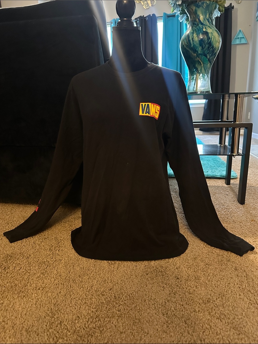 Vans Black Long Sleeve Tee with Red Checker Sleeve and Yellow Logo